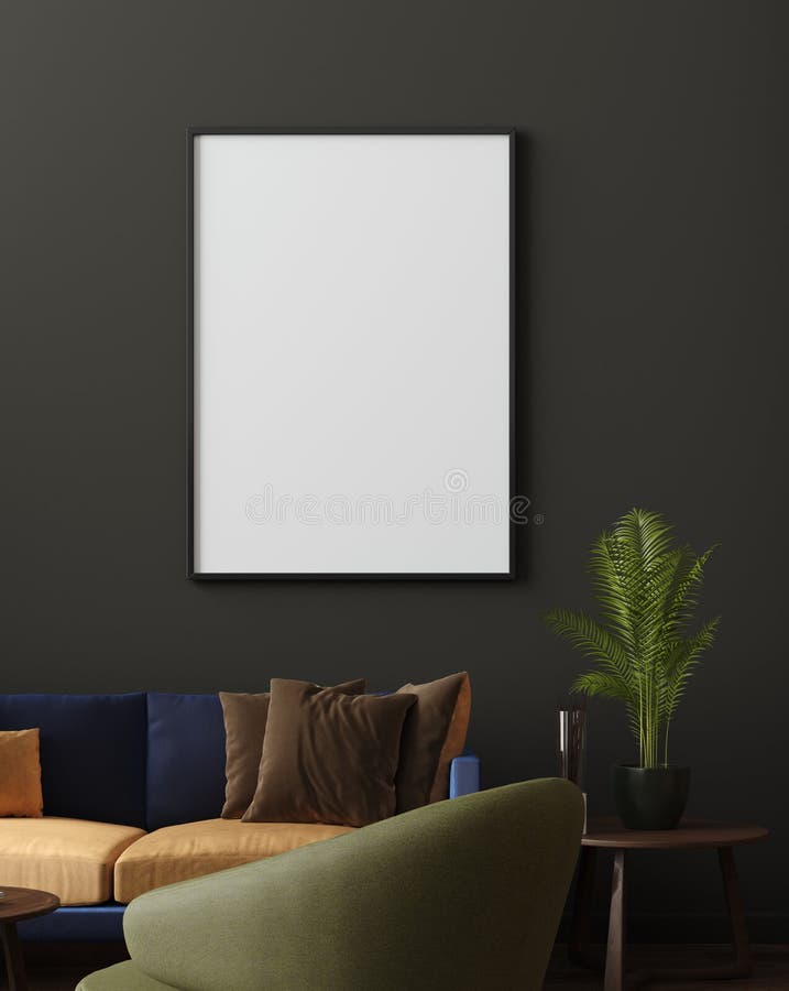 Cartaz ascendente no interior moderno luxuoso da sala de visitas, escuro trocistas - parede marrom verde, sofá moderno e plantas ilustração royalty free Cartaz ascendente no interior moderno luxuoso da sala de visitas, escuro trocistas - parede marrom verde, sofá moderno e plantas ilustração royalty free