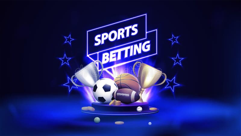 Banner azul de apostas esportivas com copos de campeão de tablet moedas de  ouro caindo e bolas esportivas
