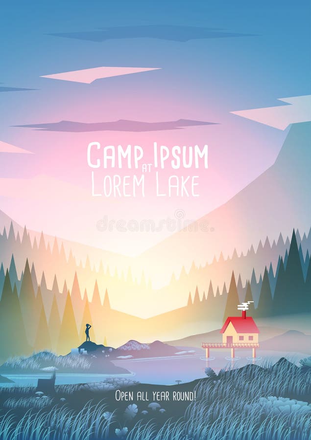 Cartaz das férias do acampamento de verão com lago mountain - vetor Illustra ilustração stock Cartaz das férias do acampamento de verão com lago mountain - vetor Illustra ilustração stock