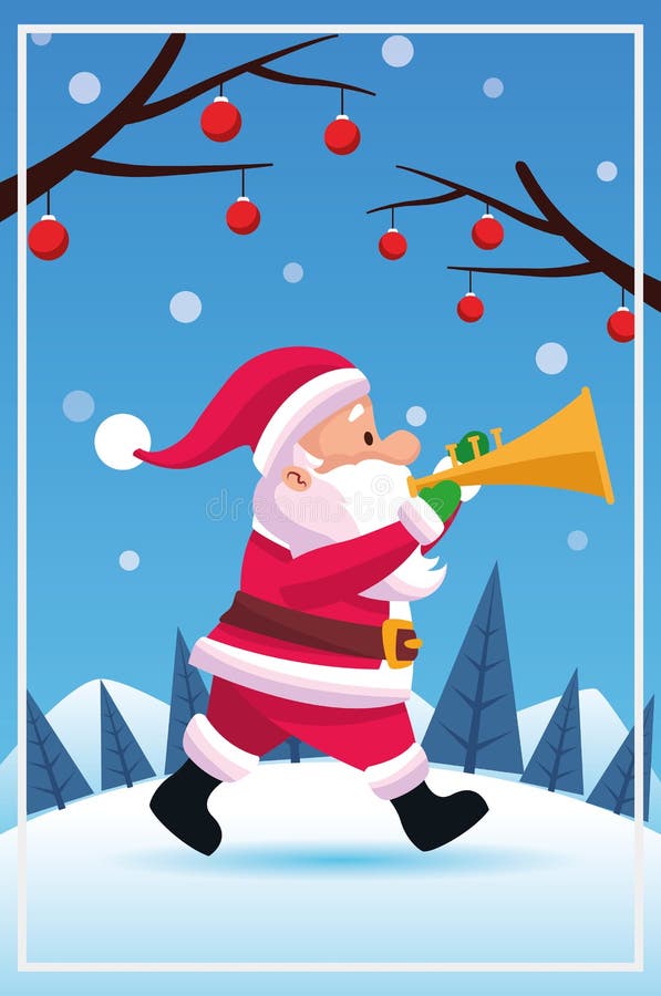 Feliz Natal E Feliz Ano Novo Pôsteres Santa E Elf Na Bola De Vidro Decoram  Árvore Na Escada, Dança Na Música De Giro, Cantar Canções, Jogar Trompete  Vector Ilustraciones svg, vectoriales, clip