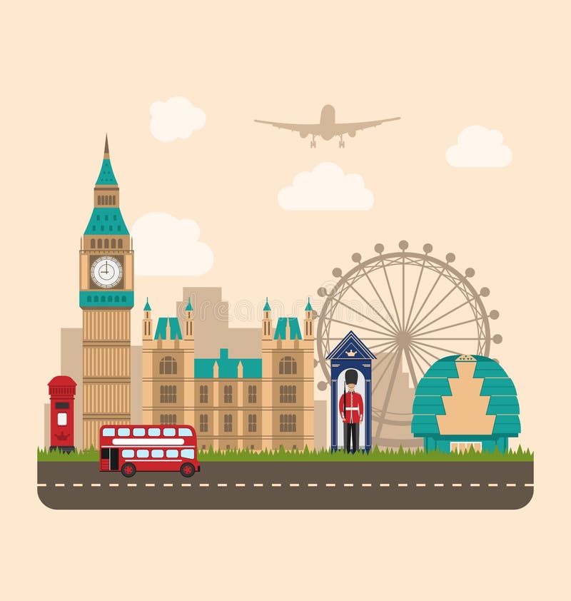 Illustration Design Poster for Travel of England. Urban Background. Concept of Travel and Tourism Banner. Famous Landmarks. Vintage Style - Vector. Illustration Design Poster for Travel of England. Urban Background. Concept of Travel and Tourism Banner. Famous Landmarks. Vintage Style - Vector