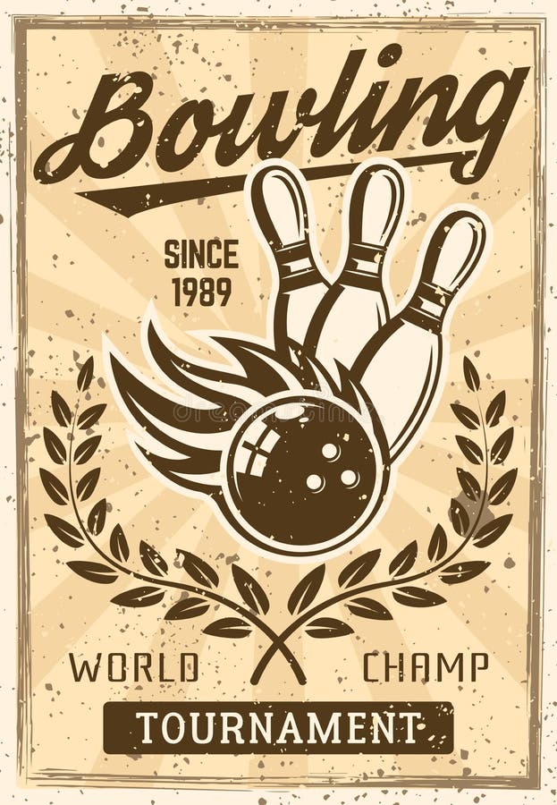 Cartaz do vintage do boliches com bola ardente, pinos ilustração do vetor Cartaz do vintage do boliches com bola ardente, pinos ilustração do vetor