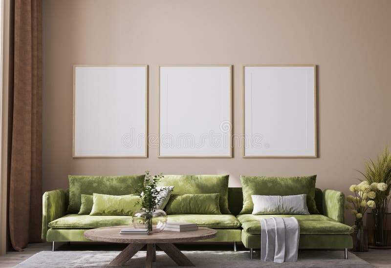 Poster frame mock up in bright home interior, gallery wall mockup, 3d render. Poster frame mock up in bright home interior, gallery wall mockup, 3d render