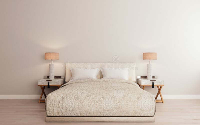 Cartaz horizontal em fundo interior moderno, cama de luxo com cama limpa no quarto moderno, estilo escandinavo