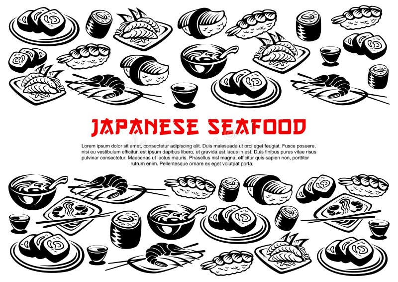 Cartaz japonês do marisco de rolos e de sushi do vetor ilustração do vetor Cartaz japonês do marisco de rolos e de sushi do vetor ilustração do vetor