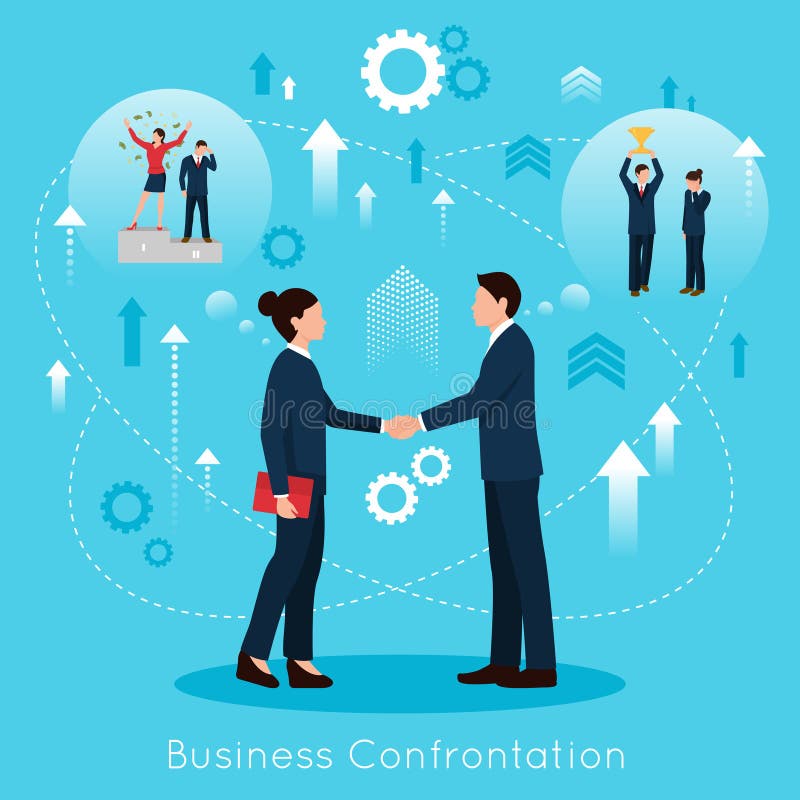 Constructive business confrontation for productive partnership concept flat symbolic composition poster with agreement handshake vector illustration. Constructive business confrontation for productive partnership concept flat symbolic composition poster with agreement handshake vector illustration