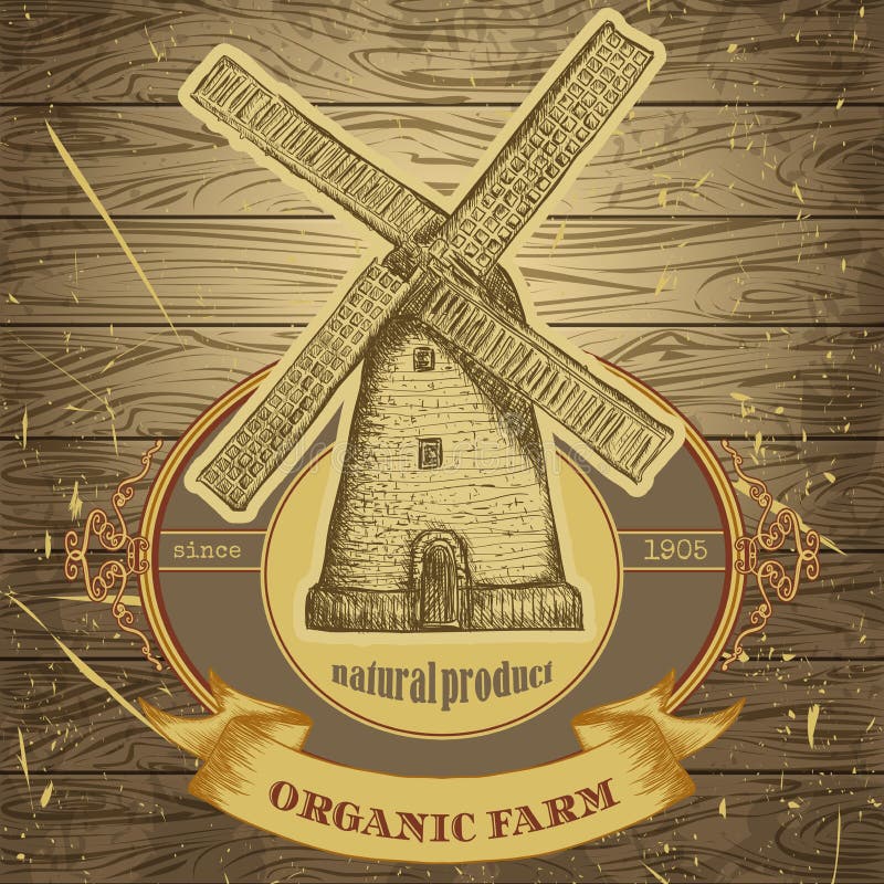Cartaz orgânico da exploração agrícola com o moinho de vento do vintage na textura do fundo de placas de madeira ilustração royalty free Cartaz orgânico da exploração agrícola com o moinho de vento do vintage na textura do fundo de placas de madeira ilustração royalty free