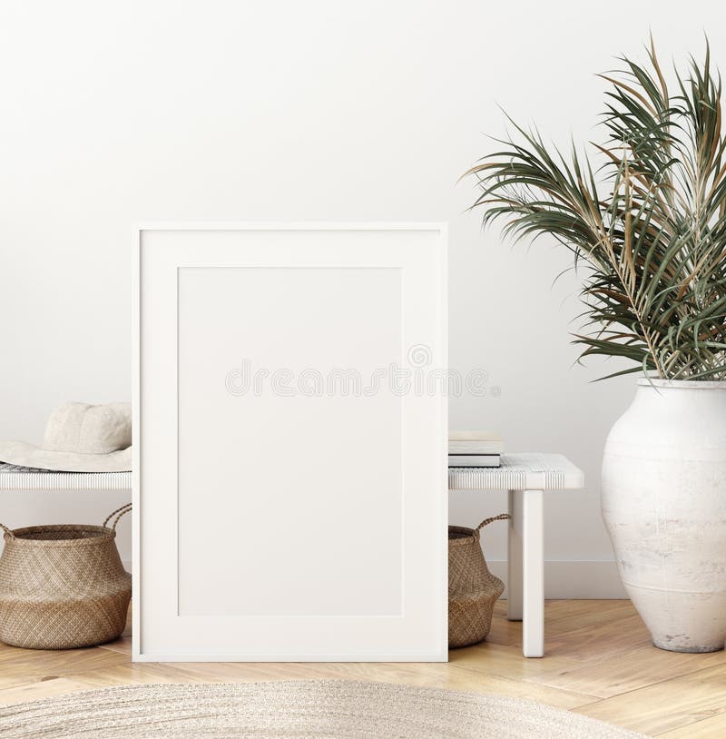 Cartaz para cima no interior escandinavo com bancada, cestos e ramos de palma em vasos ilustração royalty free Cartaz para cima no interior escandinavo com bancada, cestos e ramos de palma em vasos ilustração royalty free