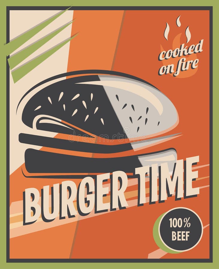 Cartaz retro com o hamburguer com carne da carne conceito e projeto do restaurante Fundo do estilo do vintage Ilustração ilustração stock Cartaz retro com o hamburguer com carne da carne conceito e projeto do restaurante Fundo do estilo do vintage Ilustração ilustração stock
