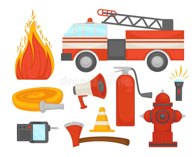Cartaz seguro da equipe da proteção contra incêndios do salvamento do sapador-bombeiro que extingue ícones lisos do vetor do equi ilustração royalty free Cartaz seguro da equipe da proteção contra incêndios do salvamento do sapador-bombeiro que extingue ícones lisos do vetor do equi ilustração royalty free
