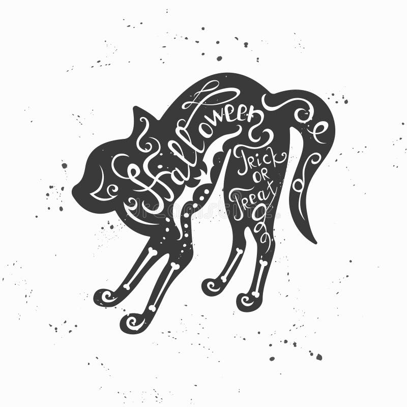 Cartaz tipográfico tirado mão de Dia das Bruxas com gato preto ilustração do vetor Cartaz tipográfico tirado mão de Dia das Bruxas com gato preto ilustração do vetor