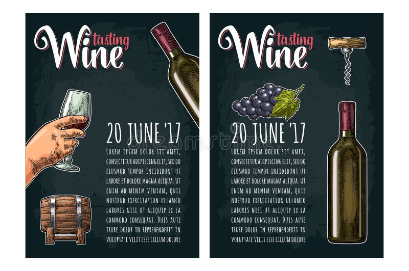 Cartaz vertical Rotulação da degustação de vinhos Garrafa, corkscrew, grupo de uva ilustração stock Cartaz vertical Rotulação da degustação de vinhos Garrafa, corkscrew, grupo de uva ilustração stock
