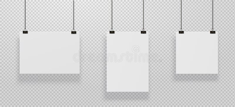 Realistic horizontal and vertical posters mockup. Blank paper hanging on binders at the wall, empty A4 paper poster clipped on ropes. Vector illustration white canvas for presentation banner. Realistic horizontal and vertical posters mockup. Blank paper hanging on binders at the wall, empty A4 paper poster clipped on ropes. Vector illustration white canvas for presentation banner