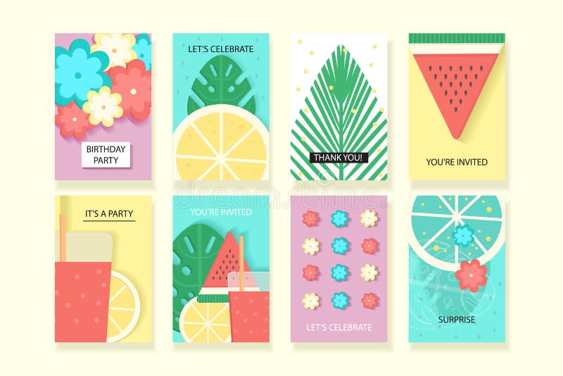 Universal summer posters set. Creative flat style textures with fruits and cocktail. Tropical summer cards for wedding, anniversary, birthday, party invitations. Universal summer posters set. Creative flat style textures with fruits and cocktail. Tropical summer cards for wedding, anniversary, birthday, party invitations.