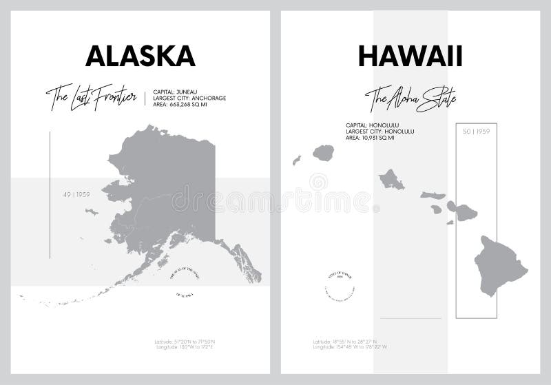 Vector posters with highly detailed silhouettes of maps of the states of America, Division Pacific - Alaska, Hawaii - set 17 of 17 travel postcard. Vector posters with highly detailed silhouettes of maps of the states of America, Division Pacific - Alaska, Hawaii - set 17 of 17 travel postcard