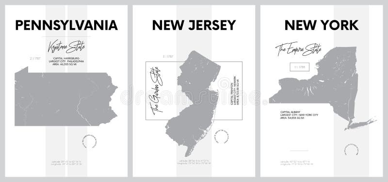 Vector posters with highly detailed silhouettes of maps of the states of America, Division Mid-Atlantic - Pennsylvania, New Jersey, New York - set 3 of 17 travel postcard. Vector posters with highly detailed silhouettes of maps of the states of America, Division Mid-Atlantic - Pennsylvania, New Jersey, New York - set 3 of 17 travel postcard