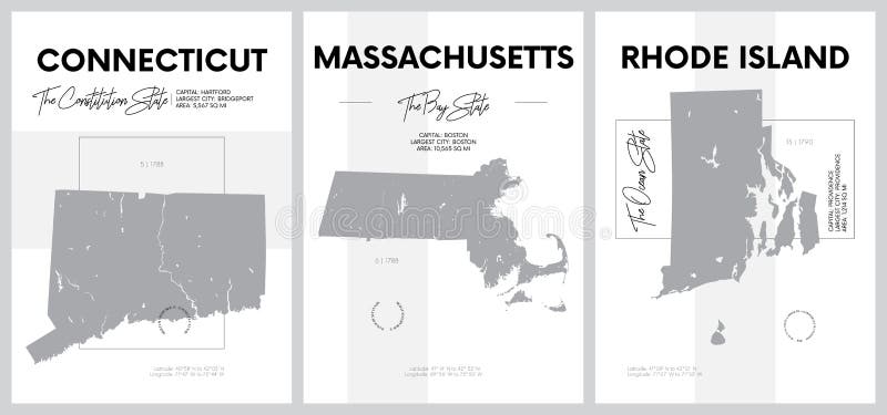 Vector posters with highly detailed silhouettes of maps of the states of America, Division New England - Connecticut, Massachusetts, Rhode Island - set 2 of 17 travel postcard. Vector posters with highly detailed silhouettes of maps of the states of America, Division New England - Connecticut, Massachusetts, Rhode Island - set 2 of 17 travel postcard