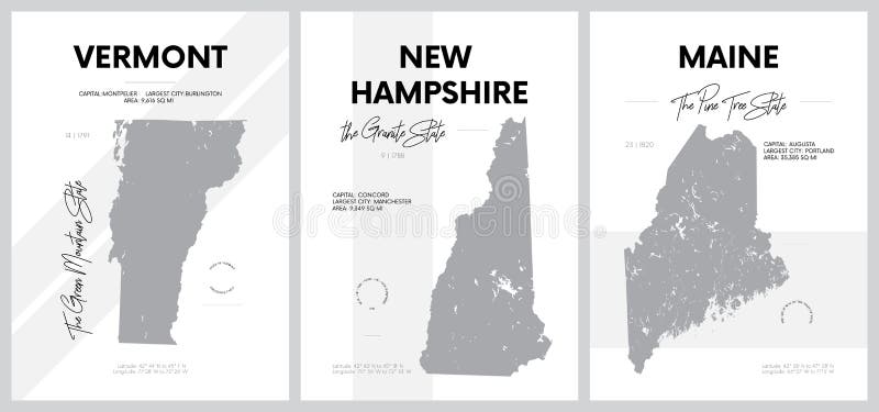 Vector posters with highly detailed silhouettes of maps of the states of America, Division New England - Vermont, New Hampshire, Maine - set 1 of 17 travel postcard. Vector posters with highly detailed silhouettes of maps of the states of America, Division New England - Vermont, New Hampshire, Maine - set 1 of 17 travel postcard