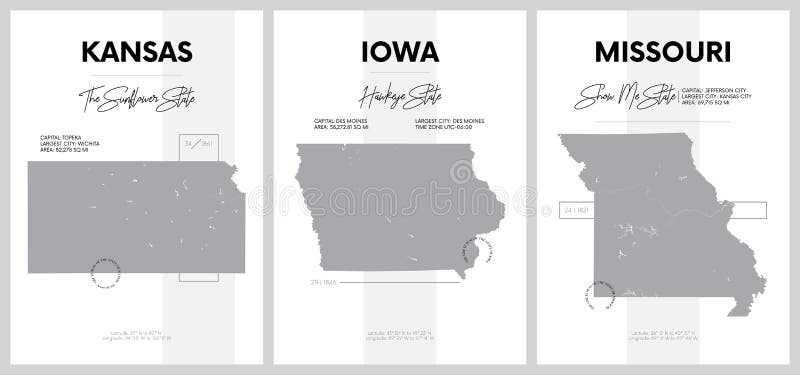 Vector posters with highly detailed silhouettes of maps of the states of America, Division West North Central - Kansas, Iowa, Missouri - set 6 of 17 travel postcard. Vector posters with highly detailed silhouettes of maps of the states of America, Division West North Central - Kansas, Iowa, Missouri - set 6 of 17 travel postcard