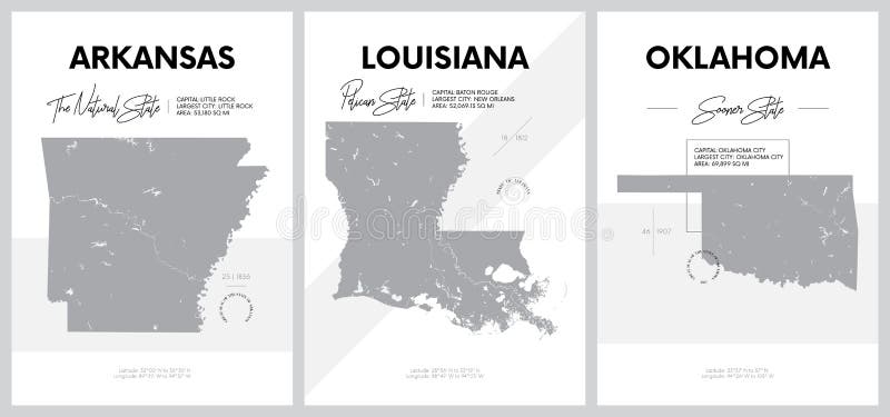 Vector posters with highly detailed silhouettes of maps of the states of America, Division West South Central - Arkansas, Louisiana, Oklahoma - set 12 of 17 travel postcard. Vector posters with highly detailed silhouettes of maps of the states of America, Division West South Central - Arkansas, Louisiana, Oklahoma - set 12 of 17 travel postcard