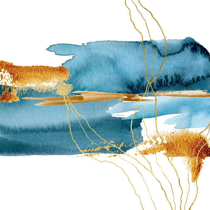 Carte abstraite bleue d'aquarelle avec l'usine sous-marine Branche d'or peinte à la main de laminaria avec les feuilles, le bleu illustration stock