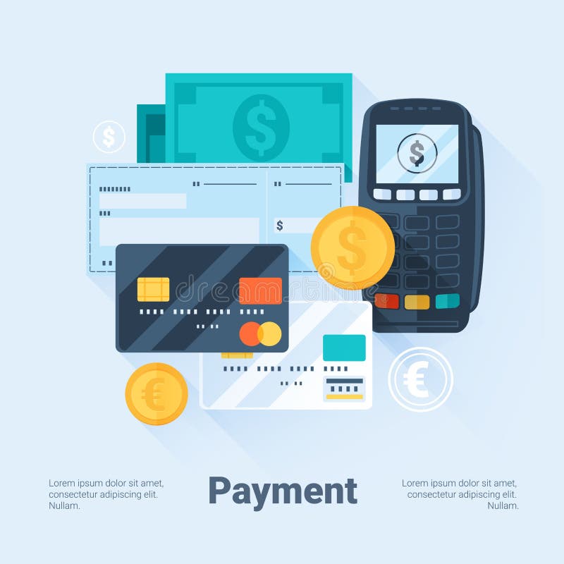Carte, argent, pièces de monnaie et chèque Concept de méthodes de paiement Style plat avec de longues ombres Nettoyez la concepti illustration libre de droits