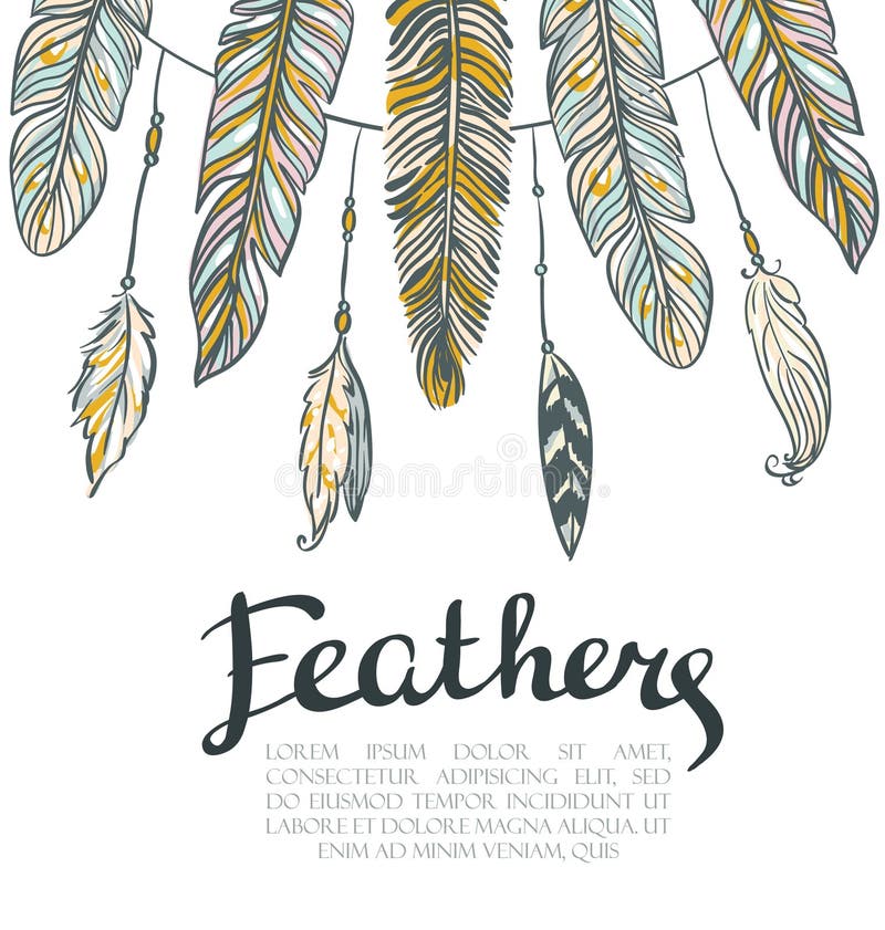 Carte avec les plumes colorées Beau fond tiré par la main pour des invitations illustration de vecteur Carte avec les plumes colorées Beau fond tiré par la main pour des invitations illustration de vecteur