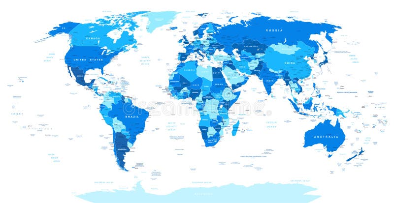 Carte Bleue Du Monde Frontières Pays Et Villes