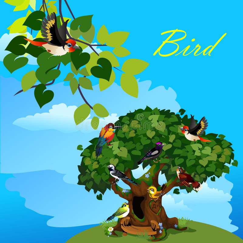 Carte colorée avec les oiseaux mignons sur l'arbre illustration stock Carte colorée avec les oiseaux mignons sur l'arbre illustration stock