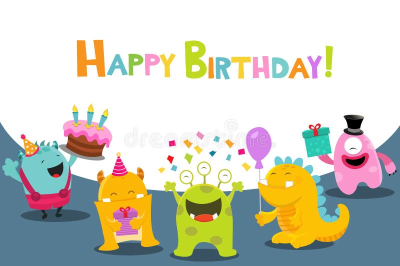 Carte d'anniversaire mignonne avec des monstres illustration de vecteur Carte d'anniversaire mignonne avec des monstres illustration de vecteur