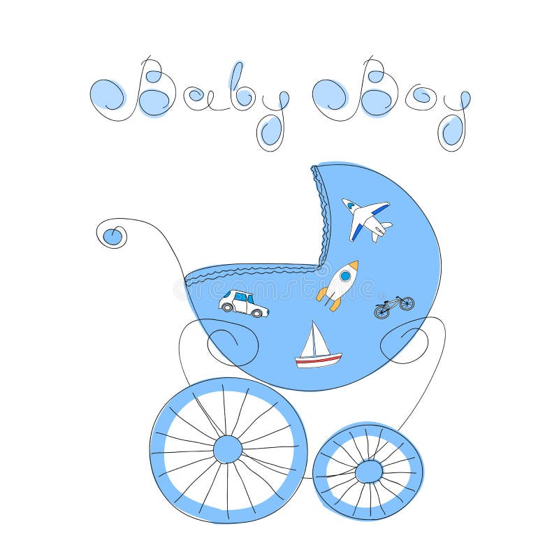 Carte d'arrivée de bébé garçon avec la rétro voiture d'enfant dénommée tirée par la main et les mots manuscrits bébé garçon, illu illustration de vecteur Carte d'arrivée de bébé garçon avec la rétro voiture d'enfant dénommée tirée par la main et les mots manuscrits bébé garçon, illu illustration de vecteur
