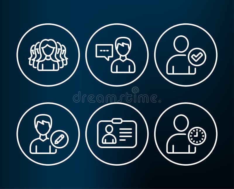 Carte d'identification, identité confirmée et icônes d'entretien de personne Éditez les signes de personne, de gestion du temps d illustration stock Carte d'identification, identité confirmée et icônes d'entretien de personne Éditez les signes de personne, de gestion du temps d illustration stock