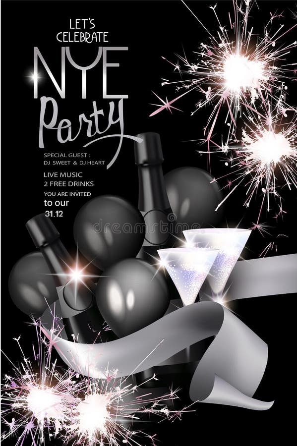 New year eve party invitation card with sparklers, bottle of champagne, ribbon and glasses. Vector illustration. New year eve party invitation card with sparklers, bottle of champagne, ribbon and glasses. Vector illustration