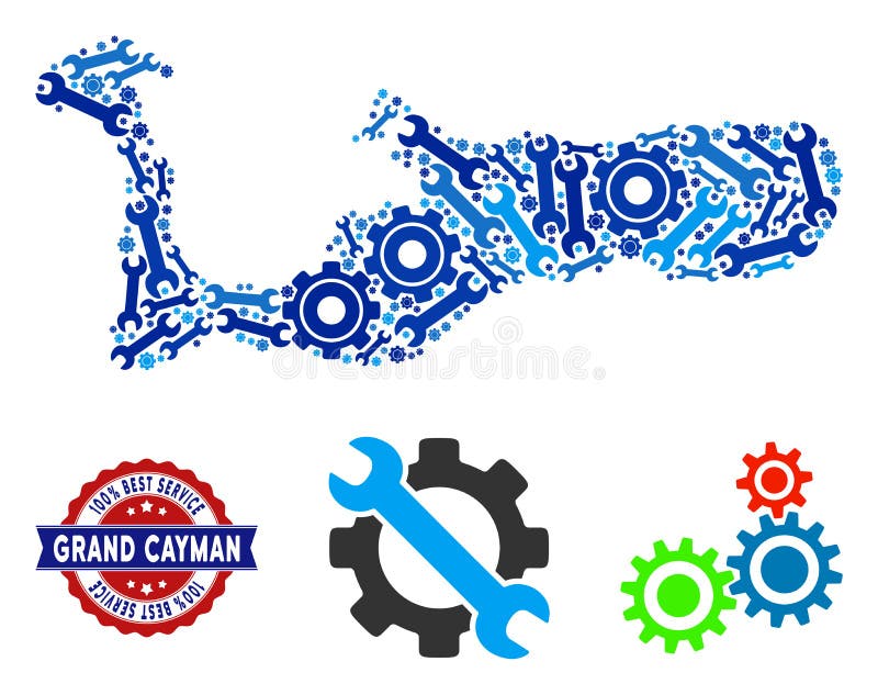 Carte d'île de Grand Cayman de collage des outils de réparation illustration stock Carte d'île de Grand Cayman de collage des outils de réparation illustration stock