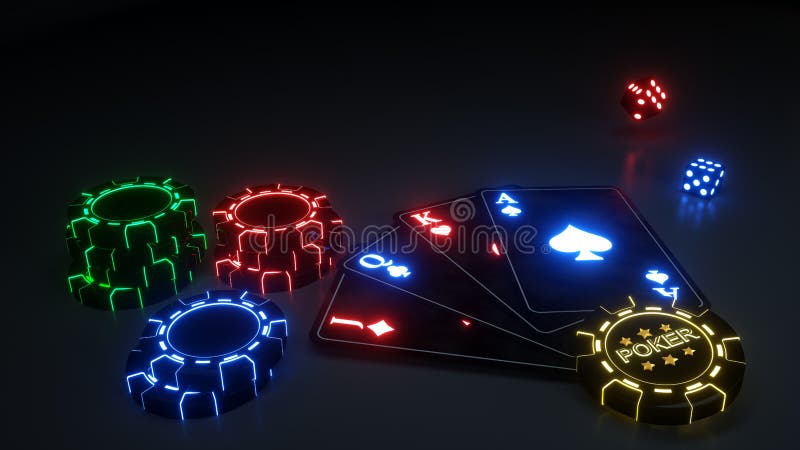Carte da gioco del poker e casinò Chips With Futuristic Neon Lights isolato sui precedenti neri - illustrazione 3D illustrazione di stock