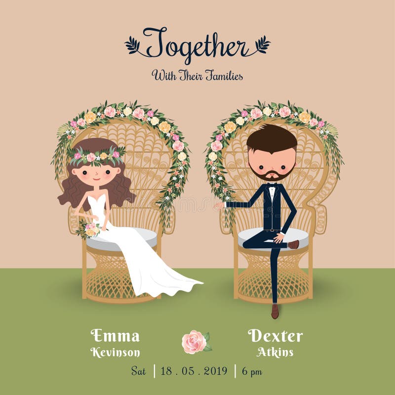 Carte de Bohème rustique d'invitation de mariage de couples de bande dessinée illustration libre de droits Carte de Bohème rustique d'invitation de mariage de couples de bande dessinée illustration libre de droits