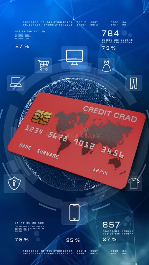 Carte de credit roșie modernă, pe un fundal albastru tech, cu pictograme de cumpărături digitale globe și analize ideale pentru fi stock illustration