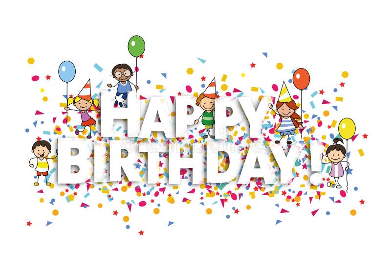 Carte de joyeux anniversaire avec l'illustration de confettis et d'enfants illustration stock Carte de joyeux anniversaire avec l'illustration de confettis et d'enfants illustration stock