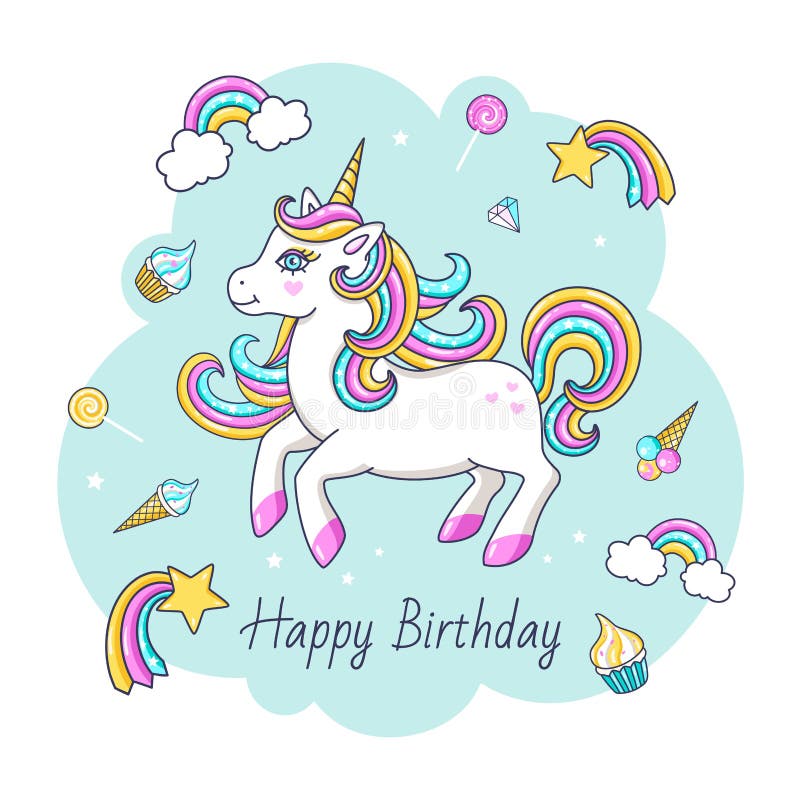 Carte Anniversaire Licorne à Imprimer Carte De Joyeux Anniversaire Avec La Licorne Mignonne Illustration de