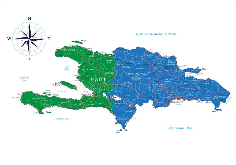 Highly detailed vector map of Dominican Republic and Haiti with administrative regions, main cities and roads. Highly detailed vector map of Dominican Republic and Haiti with administrative regions, main cities and roads.