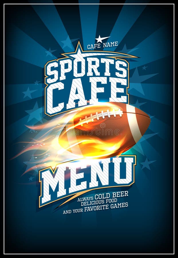 Carte de menu de café de sports avec la boule de rugby dans une flamme ardente, conception d'affiche de style ancien