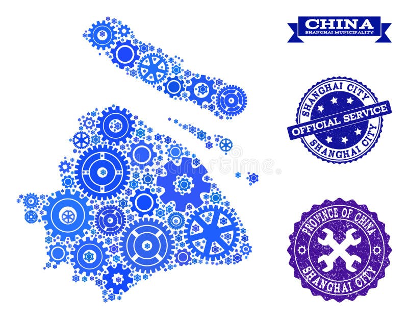 Carte de mosaïque de municipalité de Changhaï avec des roues de vitesse et des joints grunges pour des services illustration libre de droits Carte de mosaïque de municipalité de Changhaï avec des roues de vitesse et des joints grunges pour des services illustration libre de droits