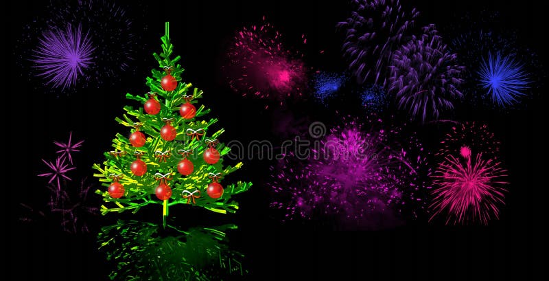 Christmas card with Christmas tree and fireworks. Christmas card with Christmas tree and fireworks