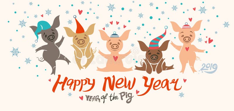 Carte de Noël avec cinq porcs mignons de bande dessinée dans des chapeaux de vacances illustration de vecteur Carte de Noël avec cinq porcs mignons de bande dessinée dans des chapeaux de vacances illustration de vecteur