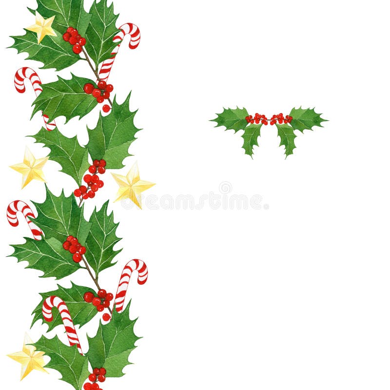 Carte de Noël d'aquarelle avec des baies de houx et des feuilles, cannes de sucrerie, étoiles d'or illustration de vecteur Carte de Noël d'aquarelle avec des baies de houx et des feuilles, cannes de sucrerie, étoiles d'or illustration de vecteur