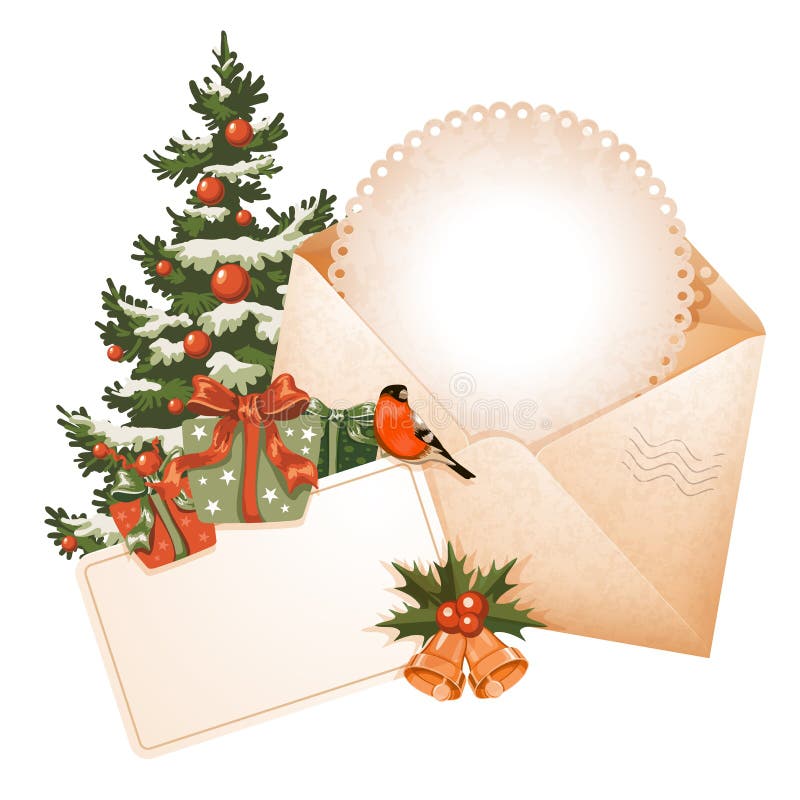 Vintage Christmas still life with envelope, greeting card and other winter holiday objects. Vector illustration isolated on white background. Vintage Christmas still life with envelope, greeting card and other winter holiday objects. Vector illustration isolated on white background.