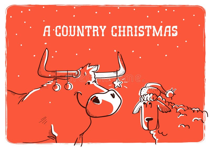 Carte de Noël de Joyeux Pays avec des moutons et des taureaux à Noël et le texte de Noël