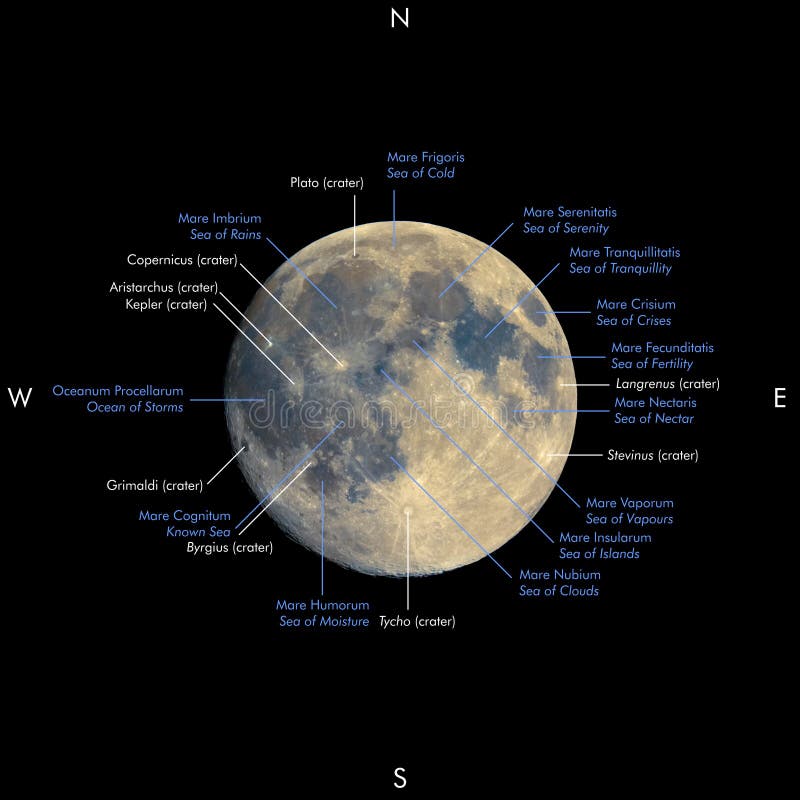 Carte de pleine lune, couleurs augmentées, noms dans latin et anglais illustration stock Carte de pleine lune, couleurs augmentées, noms dans latin et anglais illustration stock