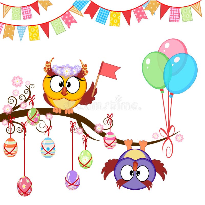 Carte de Pâques de salutation avec des hiboux illustration libre de droits Carte de Pâques de salutation avec des hiboux illustration libre de droits