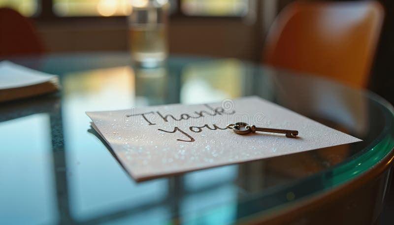Carte de remerciement élégante avec clé vintage sur table de verre concept de gratitude et d'appréciation illustration stock